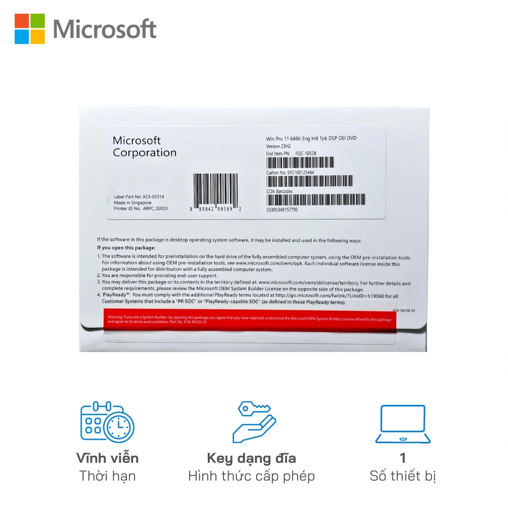 Hệ điều hành Microsoft Windows Pro 11 64Bit Eng Intl 1pk DSP OEI DVD (FQC-10528)